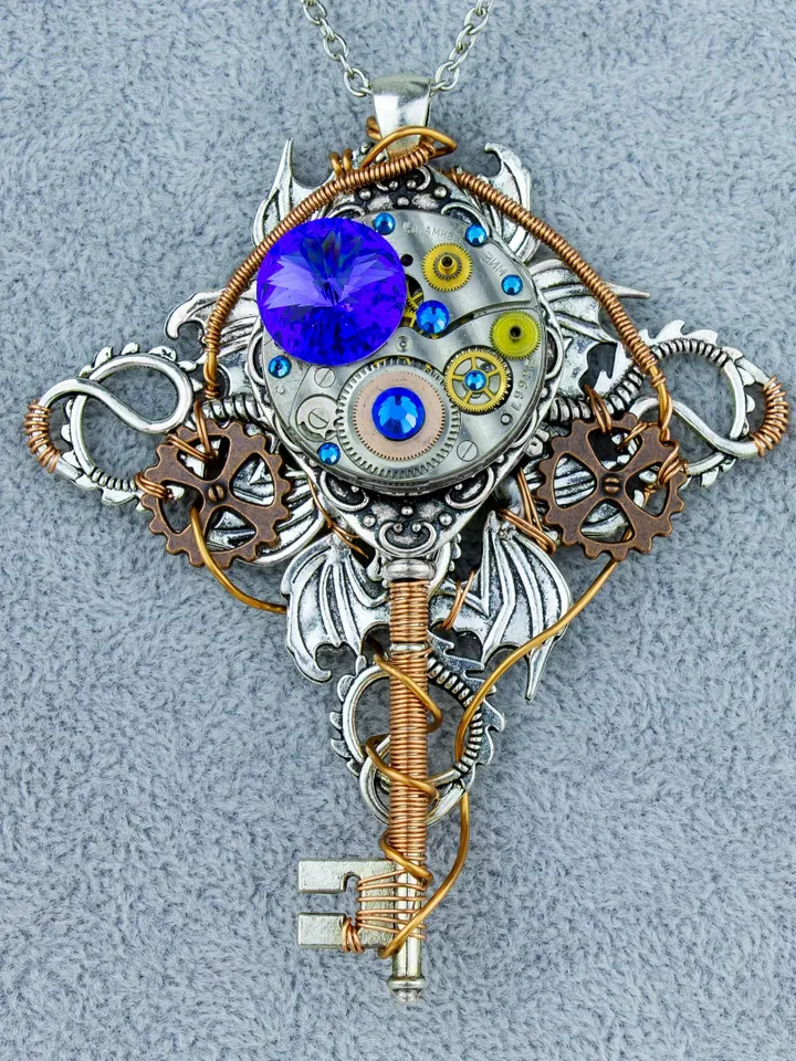 Vintage Steampunk Fantasy Key with Swarovski Crystals "Brass Dragon"