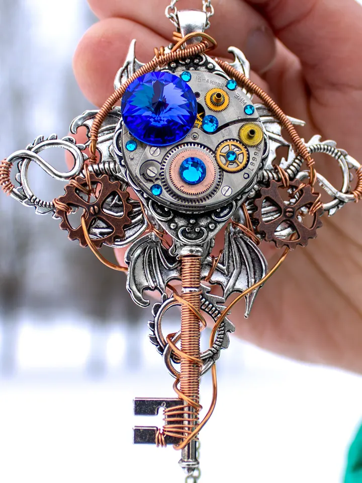 Vintage Steampunk Fantasy Key with Swarovski Crystals "Brass Dragon"