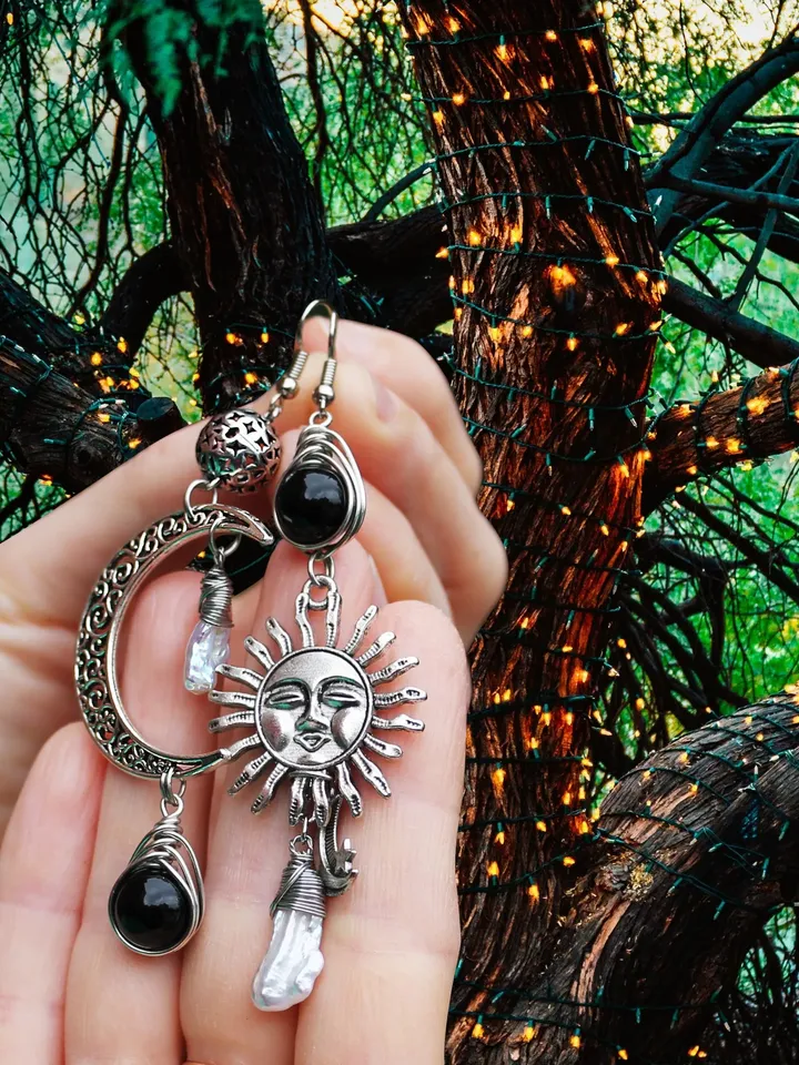 Victorian Natural Obsidian Pearl Sun and Moon Jewelry Set