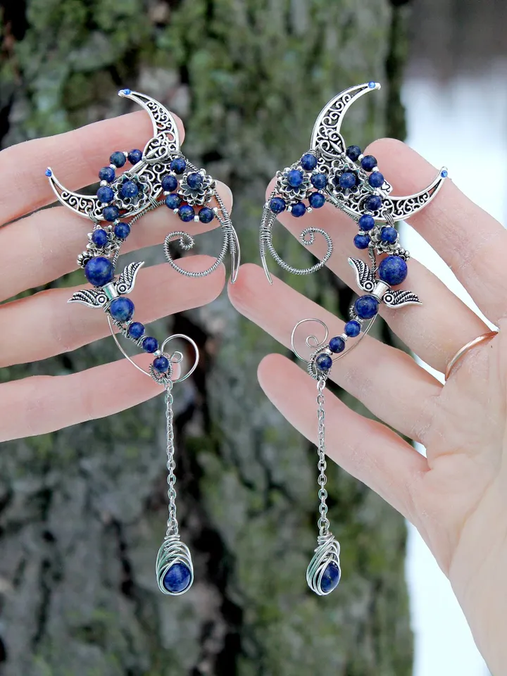 Handmade Unique Set of Ear Cuffs with Natural Lapis Lazuli "Night Sky"