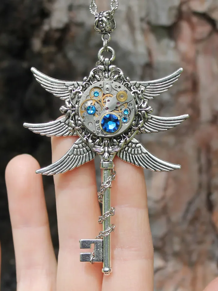 Steampunk Gothic Blue Swarovski 6 - Winged Key Necklace
