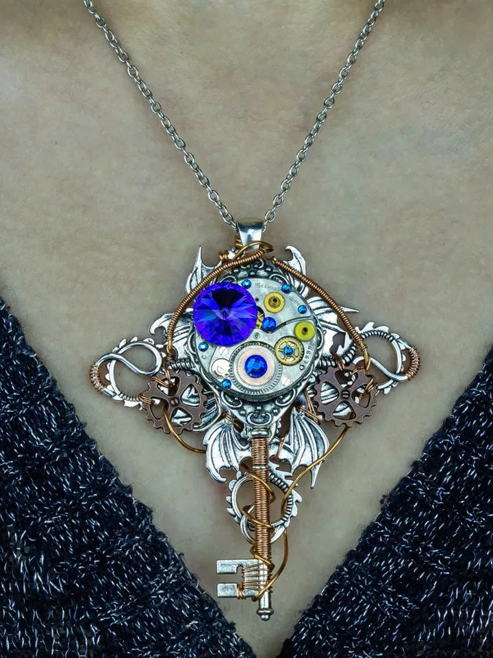 Vintage Steampunk Fantasy Key with Swarovski Crystals "Brass Dragon"