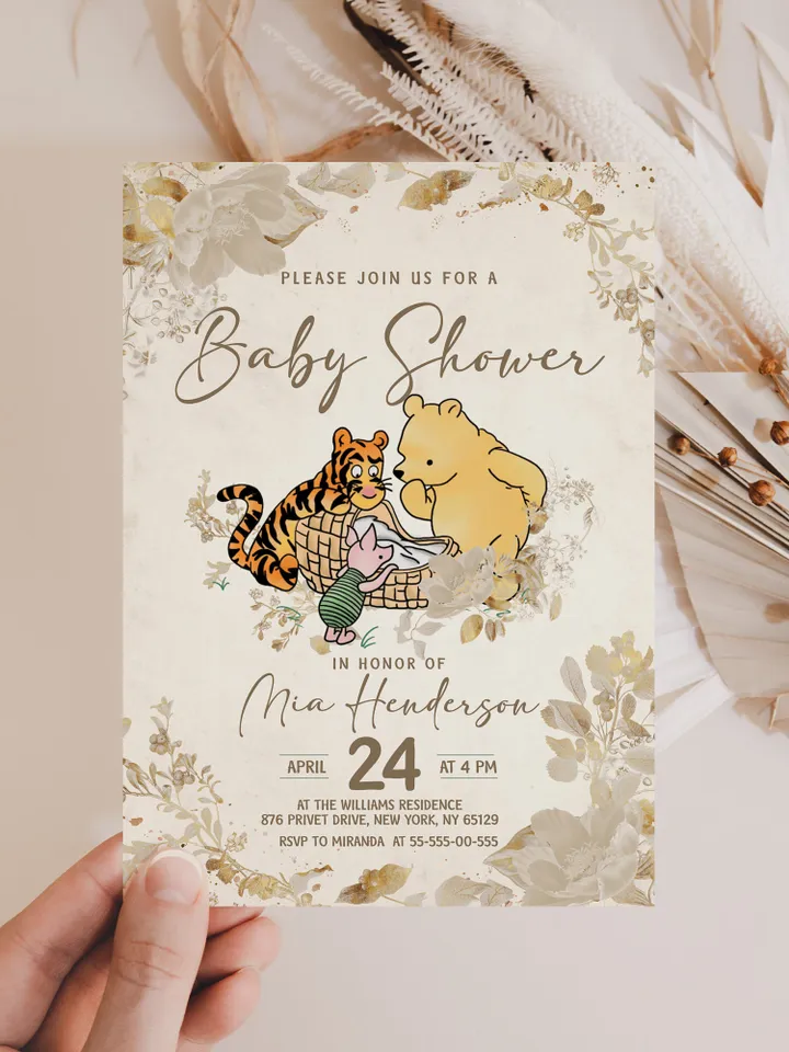 Classic Winnie Pooh Baby Shower Invitation; Pooh Baby Shower Editable Template; Neutral Flowers Baby Shower; Baby Shower trend of 2023