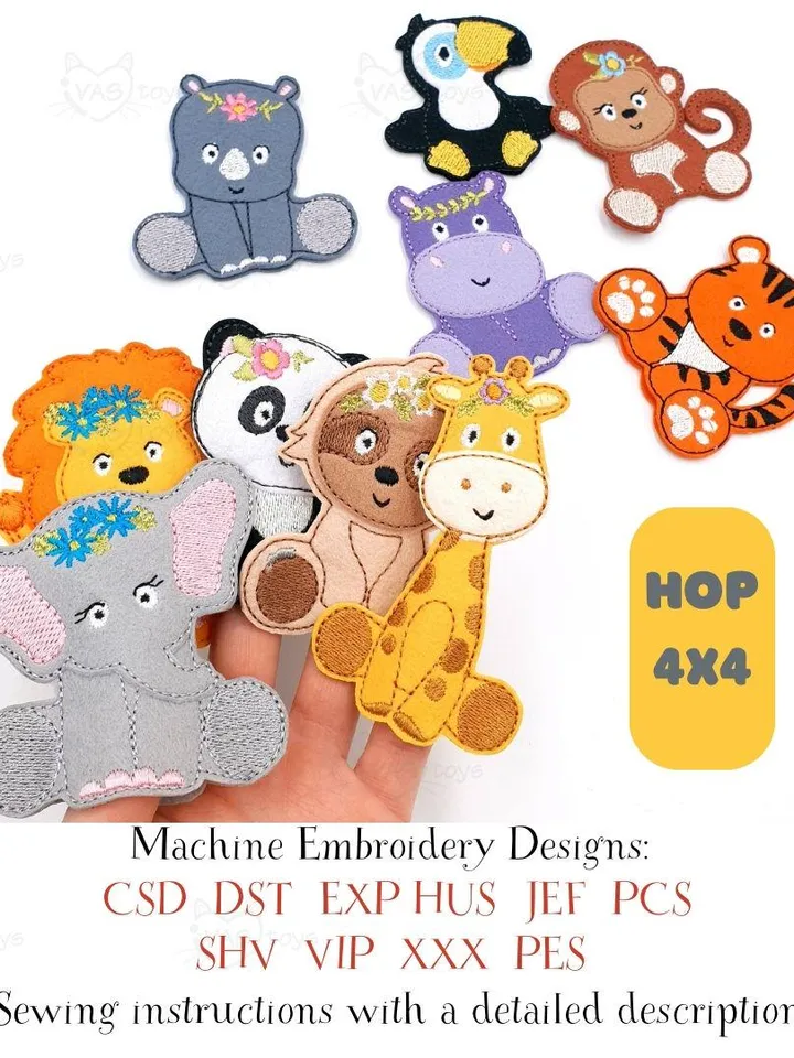 Machine Embroidery ITH Jungle Animals Finger Puppets Pattern + Bonus Developmental Play Guide & Audio Files