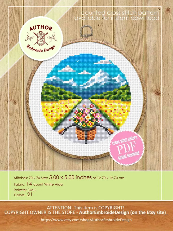 Bicycle with flowers cross stitch pattern PDF download Mountain landscape cross stitch chart Nature pattern digital, Flower basket bike #L13