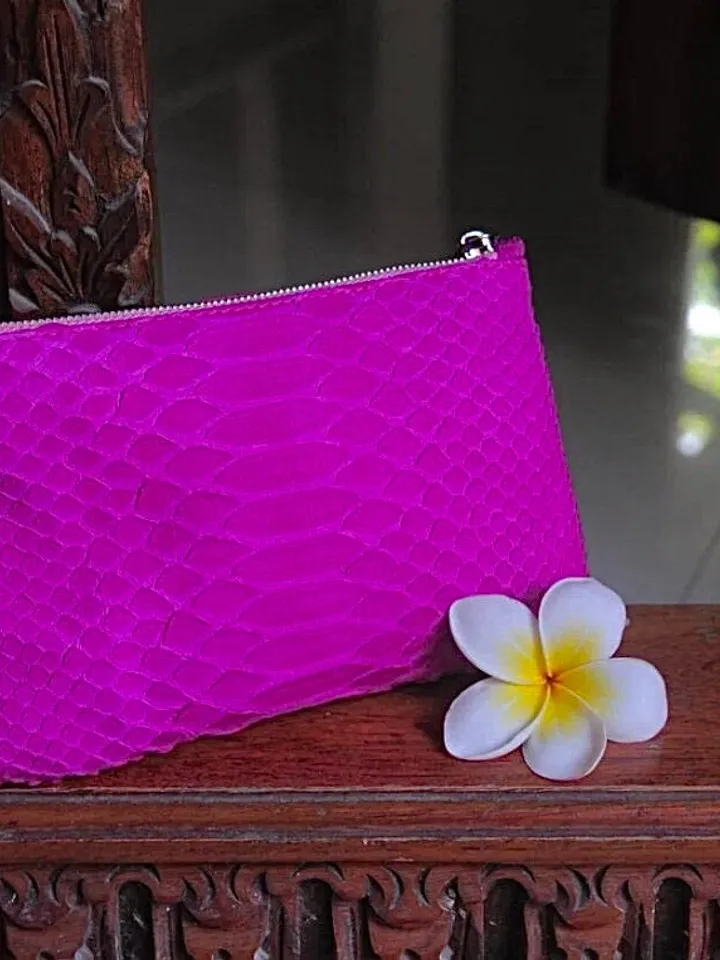 Genuine python skin hot pink cosmetic bag/ Purse Insert Organizer/ Bag Insert For Tote Bag/ exotic leather wallet / small snake skin clutch