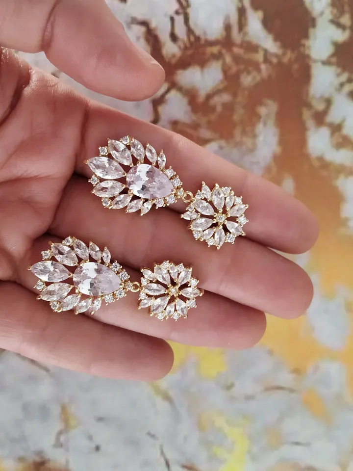 Diamond Gold Wedding Earrings | Flowers Bridal Earrings | Chandelier Statement CZ Earrings | Gold Jewelry for Bride | Bridal Jewelry |