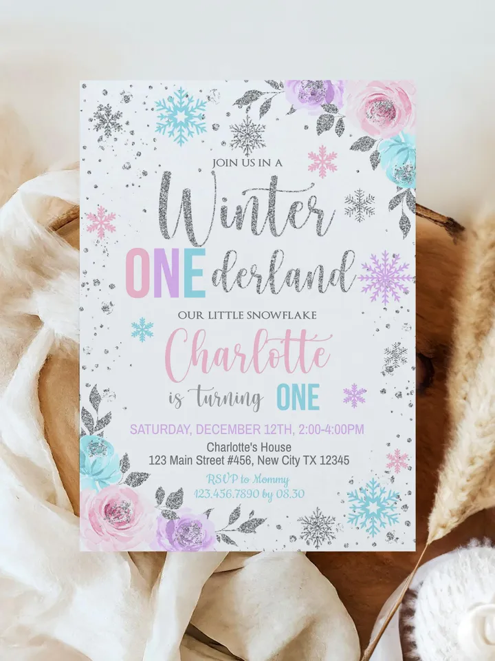 Winter Onederland Birthday Girl Invitation, Winter Wonderland 1st Birthday Invitation, First Birthday Snowflake Editable Template i098