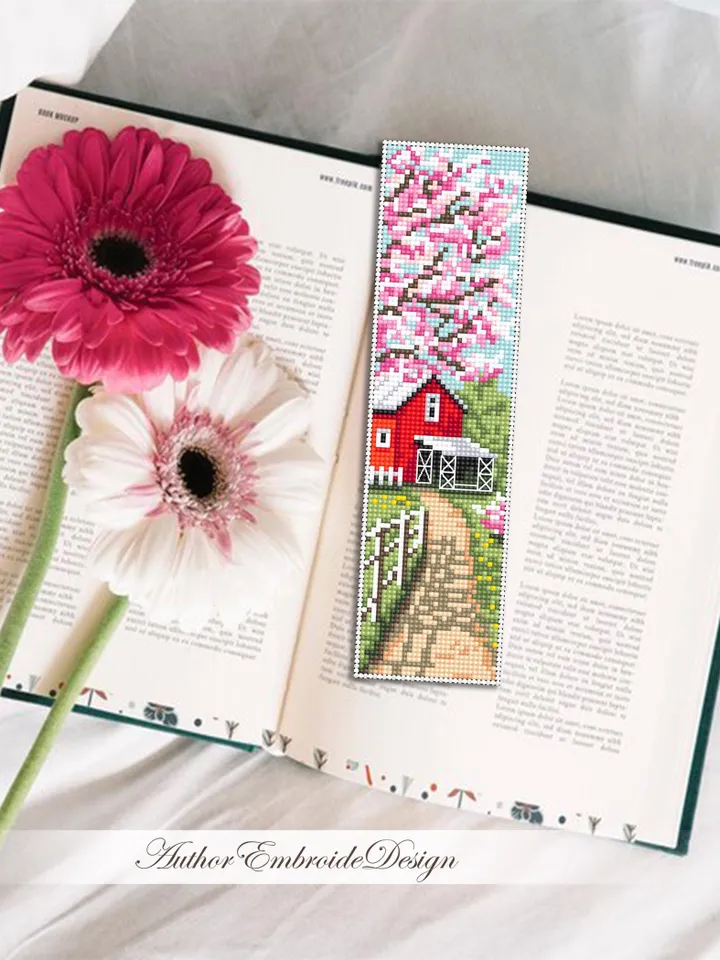 Spring bookmark cross stitch pattern PDF download Cherry blossom tree cross stitch chart, Nature bookmark pattern digital PDF Red barn #B469