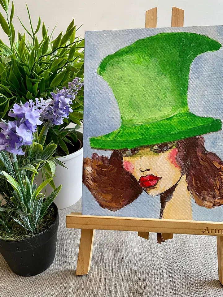 Girl in Green Hat Painting, Original Female Portrait Painting