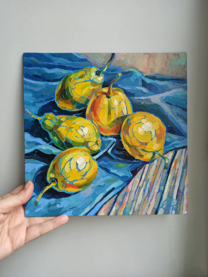 Bright still life with fruits, Pears, Original oil painting, canvas on cardboard 25x25 cm, Kitchen decor