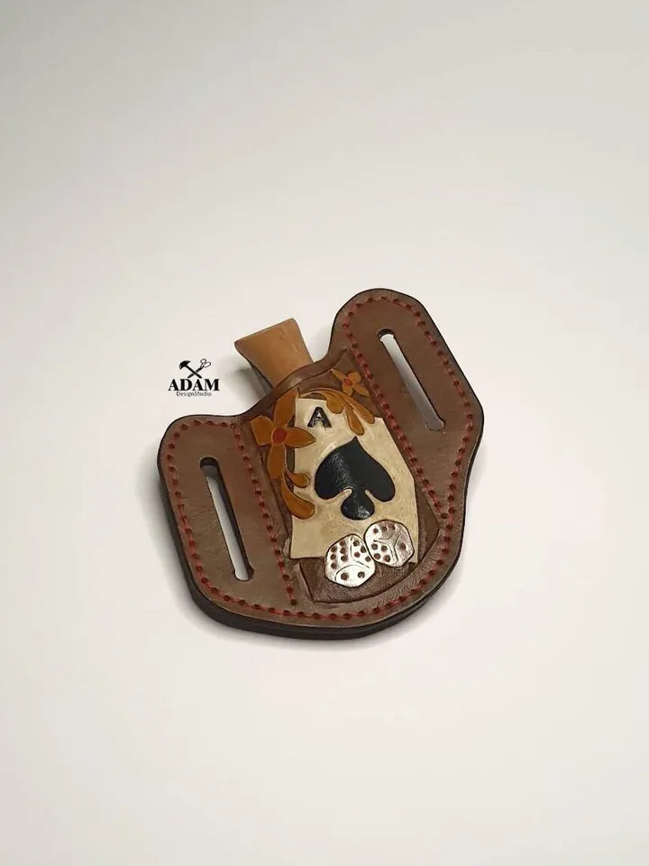 Pancake sheath, Buck 110, leather case, hand tooled, leather painted, Leather Pancake style sheath, folding knife, unique sheath