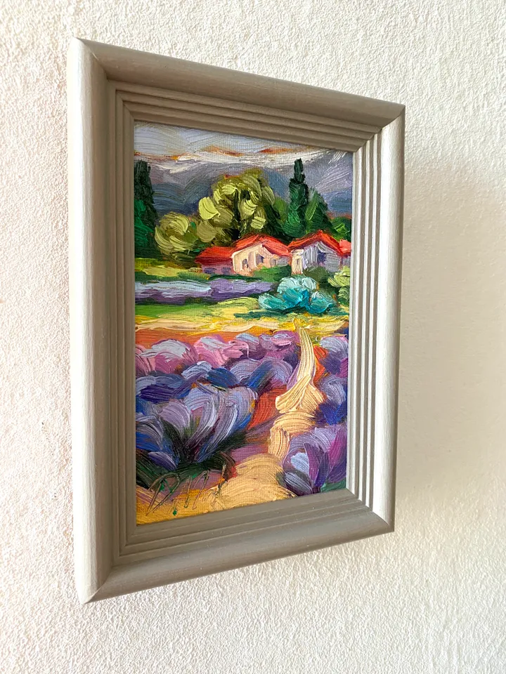 Lavender Fields Painting Tuscany Original Art Landscape Oil Painting Impasto Small Artwork 4x6 Tuscan Serenity Painting Wild Flowers
