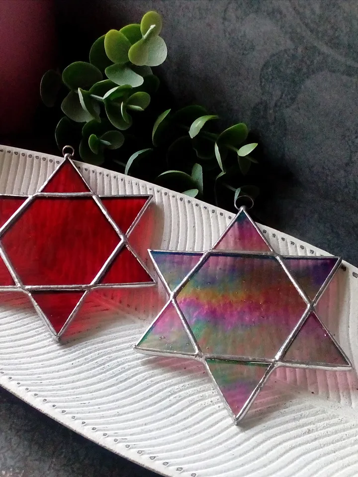 Set of 2 snowflake suncatchers, christmas ornaments, simple stained glass, Christmas decorations, Xmas tree star