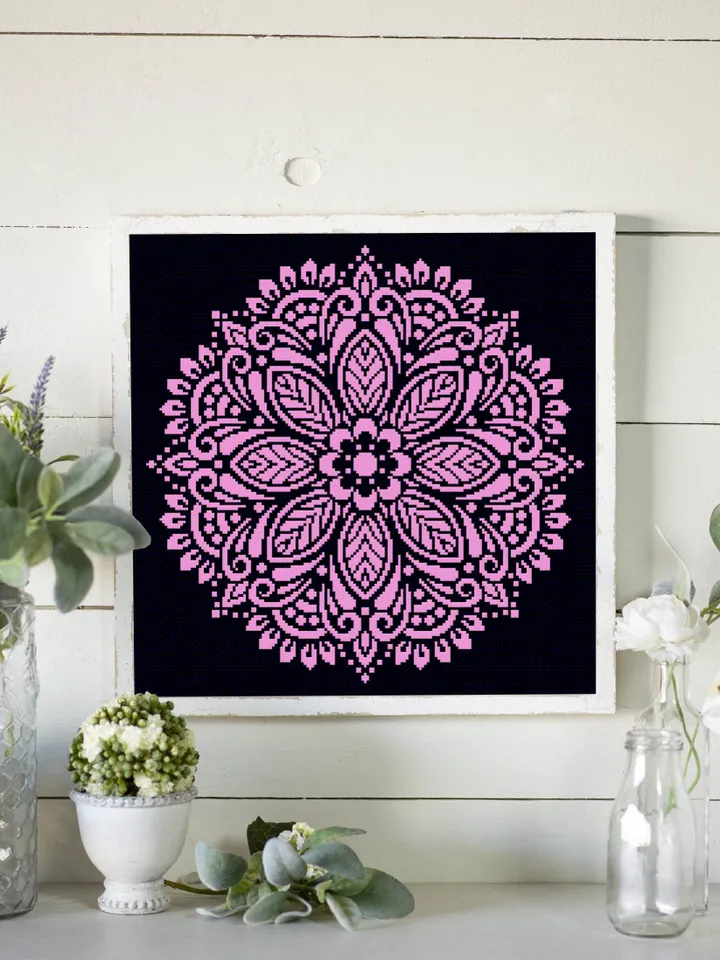 Mandala cross stitch pattern download PDF, Monochrome cross stitch sampler, Floral ornament cross stitch chart, Flowers embroidery PDF #M118