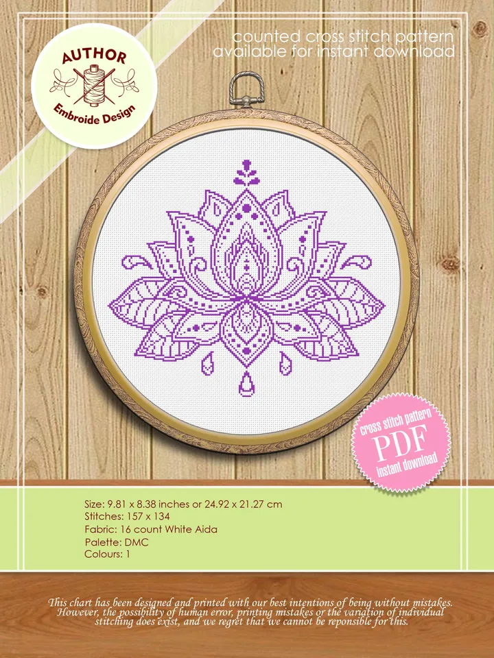 Lotus flower cross stitch pattern download PDF, Floral ornament embroidery PDF, Monochrome mandala cross stitch chart, DIY Home decor #M16