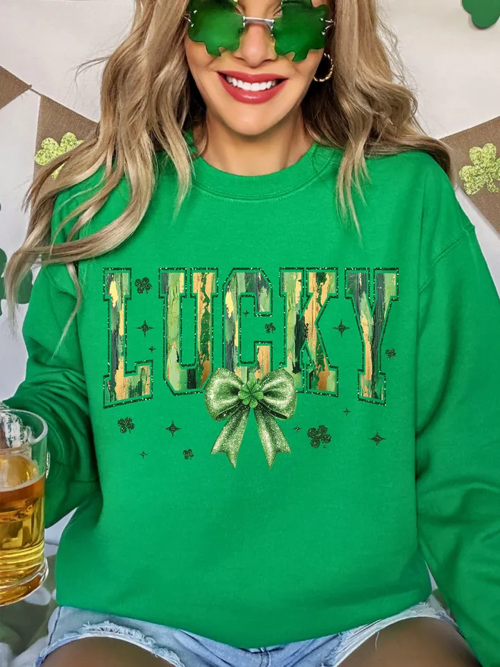Glitter St Patrick's Day Coquette PNG, St Patty's Day Varsity png, Lucky Shamrock PNG, Coquette Bow Png, Irish Png, Brushstroke