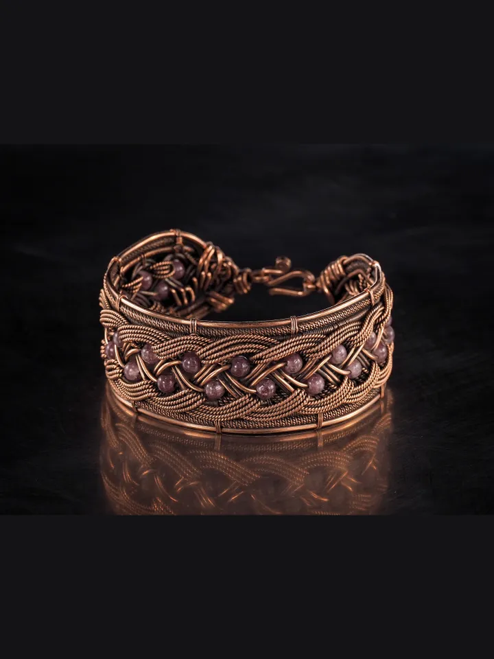 Copper wire wrapped bracelet with amethyst for lady Antique style WireWrapArt