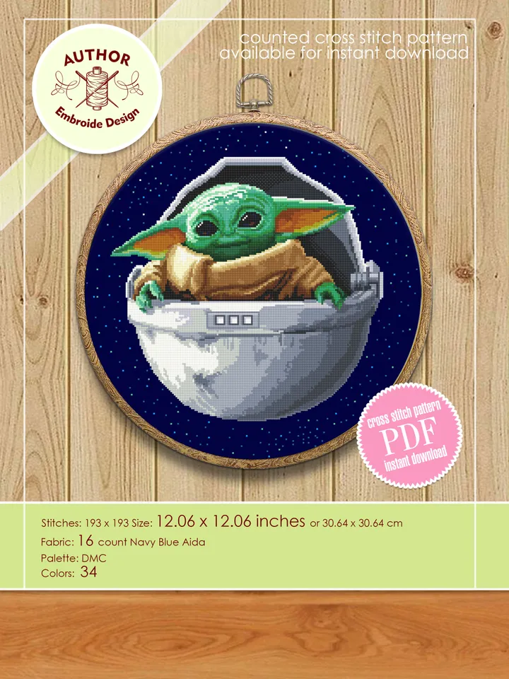 Green baby Yoda Grogu cross stitch pattern instant download PDF, Fantasy movie Mandalorian heroes cross stitch chart, Fun art, Star Wars Characters, Starry night sky #SW2