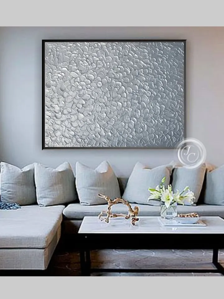 Silver Abstract Wall Art Glittery Silver Painting Textured artwork | Living room wall art Light Silver home decor