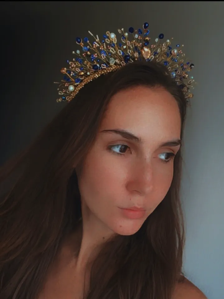 Gold and Blue crown, Gold crown, Gold tiara, Gold blue tiara, Diadem, wedding crown, Wedding headpiece, a crown for a princess, a children's tiara
