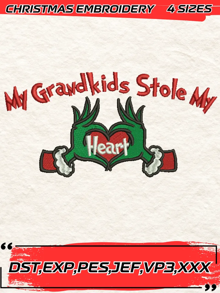 My Grandkids Stole My Heart Embroidery Design,Christmas Gift For Family,Christmas Embroidery Design,4 Sizes, Digital Download