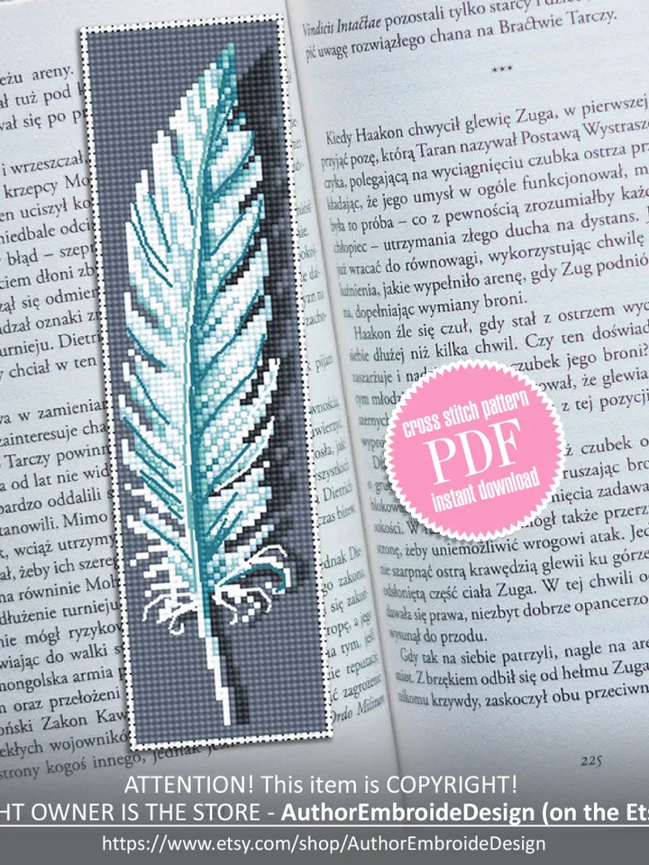 Feather bookmark cross stitch pattern download PDF Modern handmade bookmark digital PDF, Feather cross stitch chart, Bird bookmark #B78
