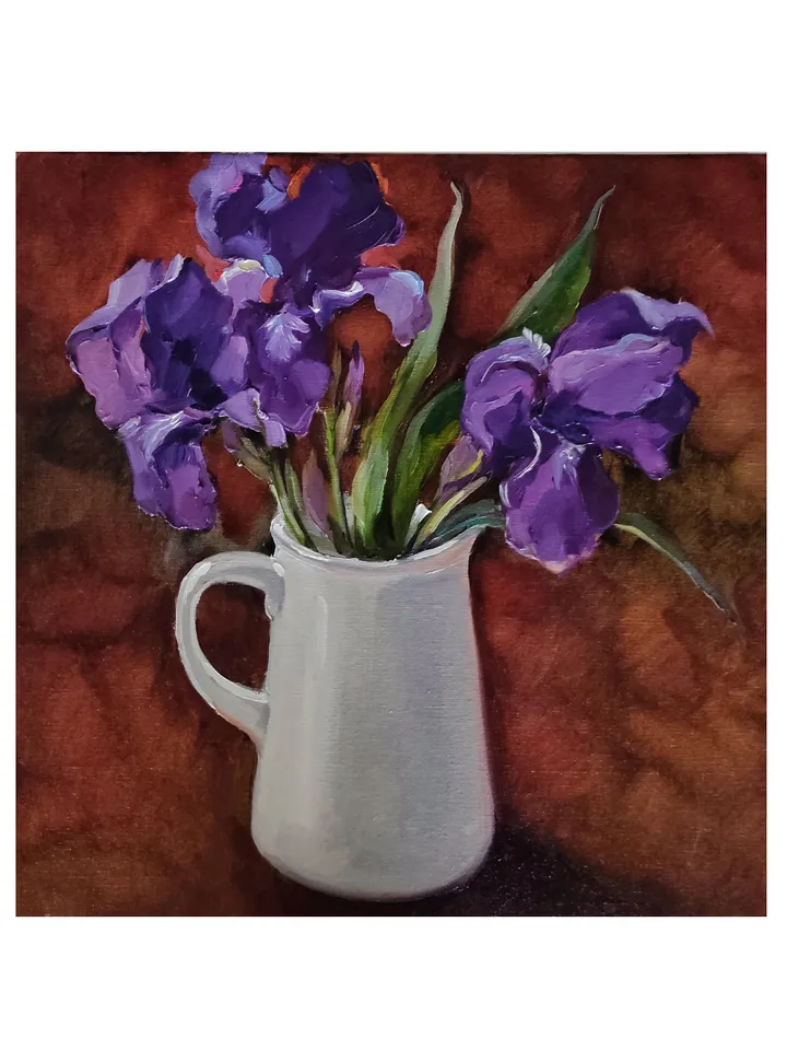 Oil Painting Bouquet of Flowers Irises Original Painting on Canvas Wall Art Impasto Painting Purple Flowers 16 x 16 inches Artist Natalia