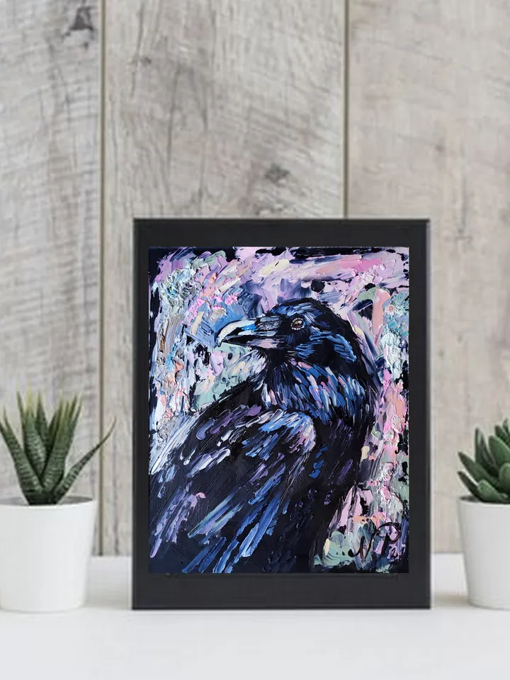 Raven Painting Bird original art 10 by 8 inches Black Crow Wall Art Crow artwork oil painting by Natalia Plotnikova