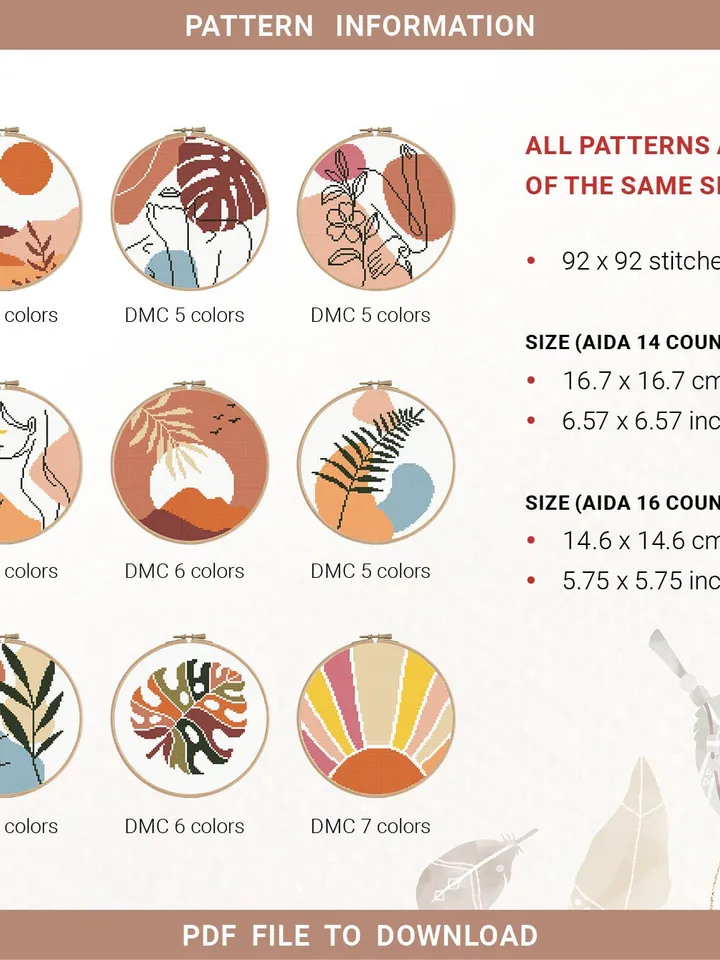 Bundle of 9 Boho Style modern cross stitch woman cross stitch patterns nature home decor beginners embroidery counted gift DIY instant PDF