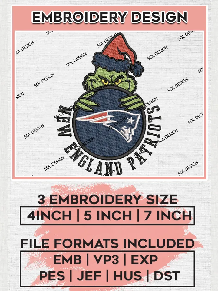 NFL New England Patriots Team x Grinch Holding Ornament Logo Embroidery Designs, NFL Patriots Team Machine Embroidery Files, NFL Football Teams, 3 sizes, Grinch Machine embroidery designs, Digital Download