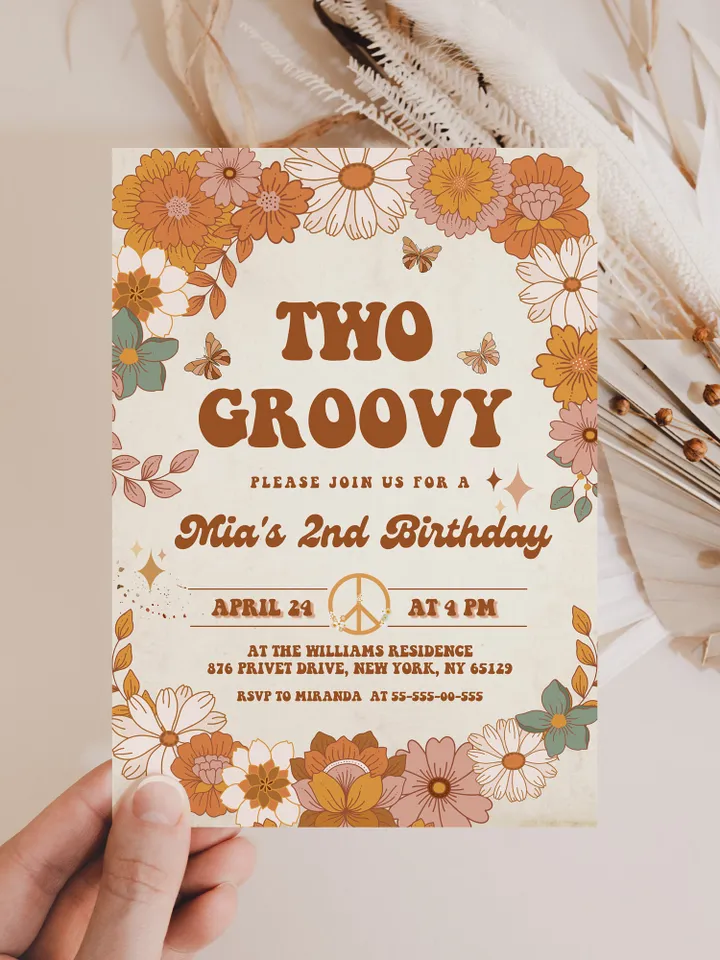 Two Groovy Baby Editable Any Age Pink Groovy Van Daisy Rainbow Hippie Birthday Invitation Let's get Groovy 1st Birthday Invitation ; gr4