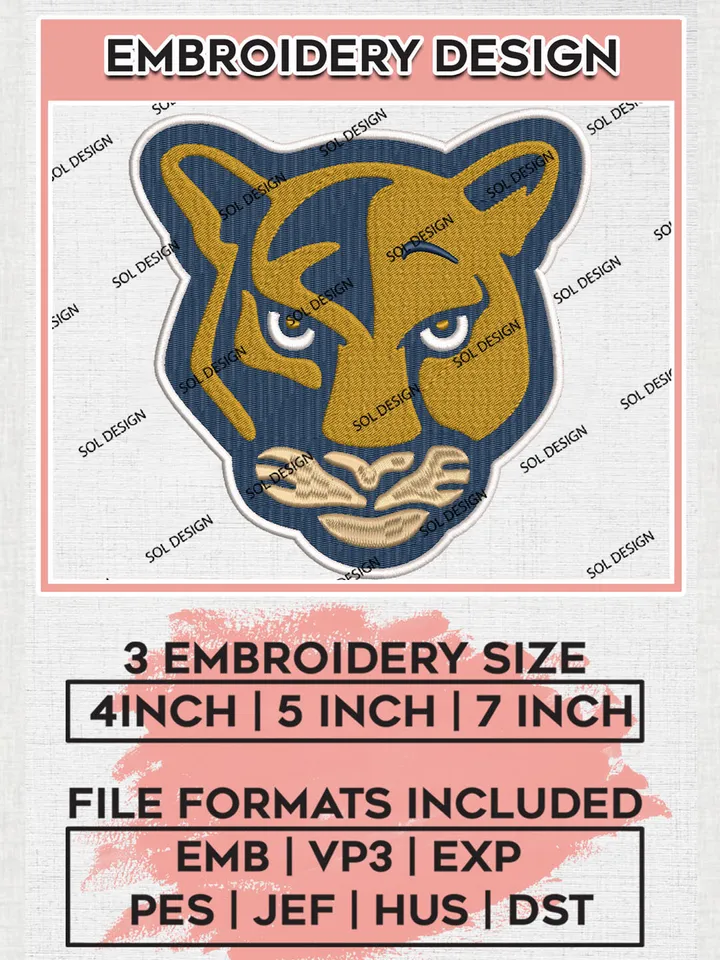 FIU Panthers Football Team Head Mascot Logo Embroidery Design Files, NCAA Florida International Panthers Machine Embroidery, NCAA Teams, Game Day, 3 sizes, NCAA Machine embroidery designs, Digital Download