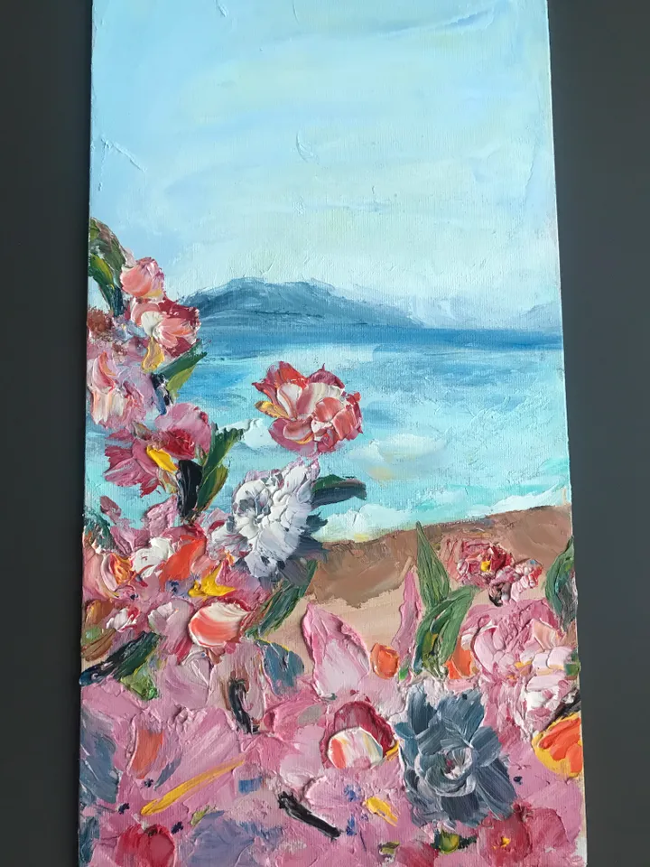Flowers in the lagoon tropical flowers impasto original oil painting texture