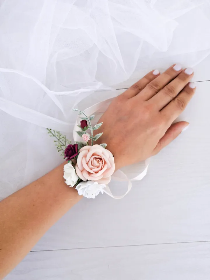 Blush Burgundy corsage, Bridesmaid corsage, Bridal corsage, Wedding corsage, Blush rose corsage, Mothers corsage