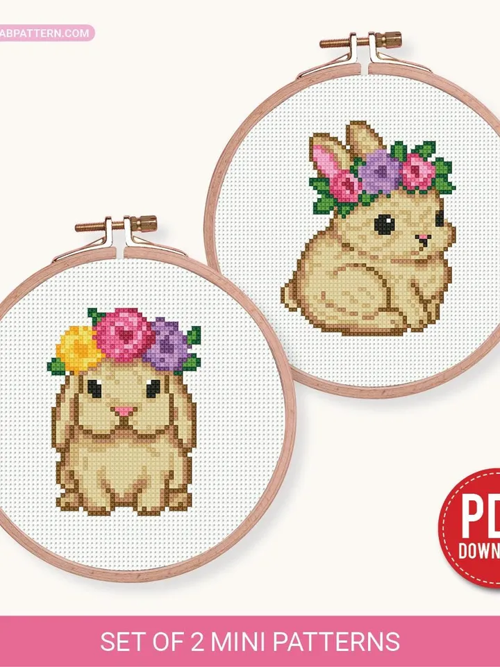 Bundle of 2 mini cute Bunny Cross stitch pattern, contemporary, Easter Rabbit, beginner counted, modern chart, DIY, embroidery, instant PDF