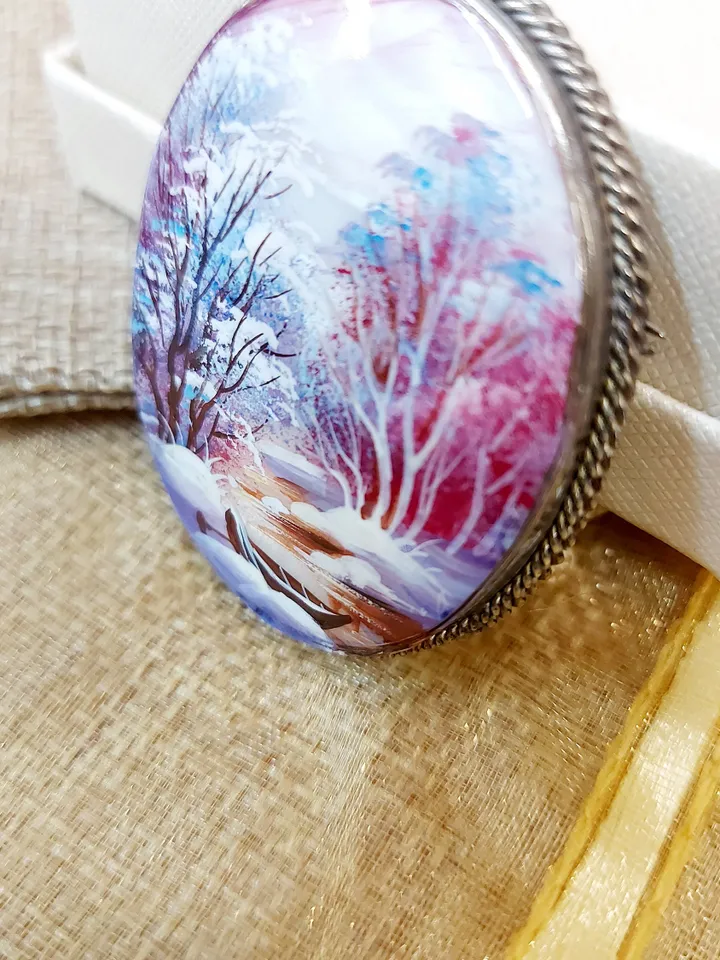 Brooches for women: river and charming little boat in a snow-covered forest on pearl brooch • purple dainty handmade jewelry • Aesthetic pin
