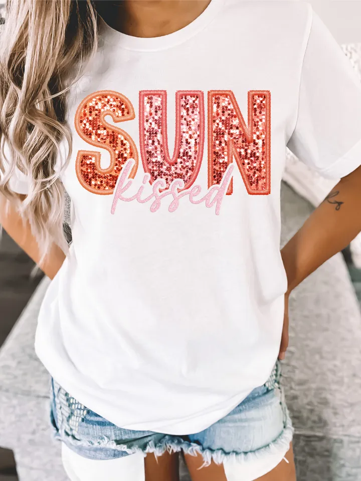 Sunkissed PNG Faux Sequins Embroidered Letters Springbreak Shirt Design Sunshine Shirt Design Here summer png, boho png,retro sublimation