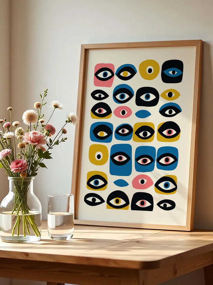 Colorful Eye Wall Poster, Whimsical Abstract Eye Art, Retro Grid Design, Mid Century Digital Print, Home Decor, Instant Download, crayz eyes