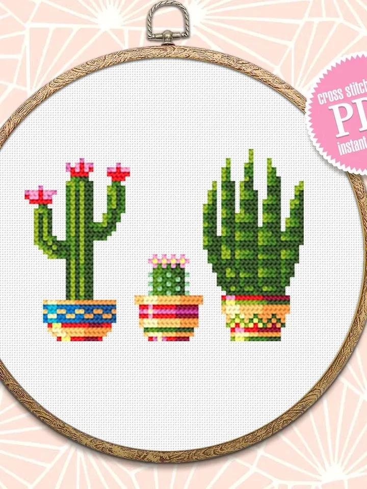 Potted plants cross stitch pattern download PDF, Small floral cross stitch chart, Garden beginner stitch, House plants embroidery PDF #P14