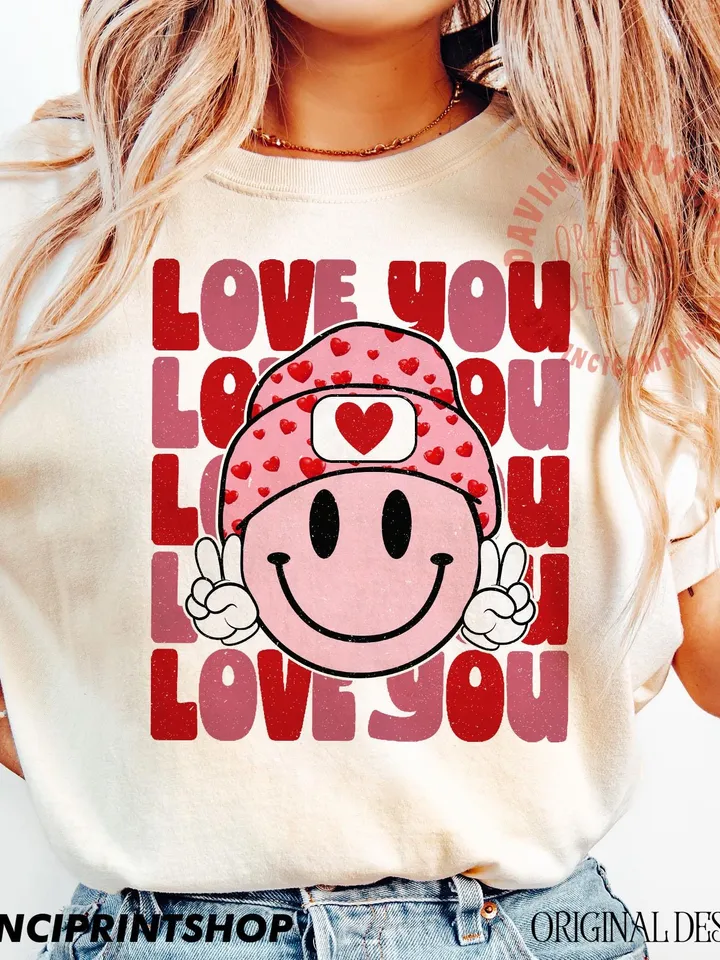 Love You png, Retro Valentines png, Valentines Day png, Valentines Shirt png, Love Sublimation, Retro Smile Face png, Sublimation png design