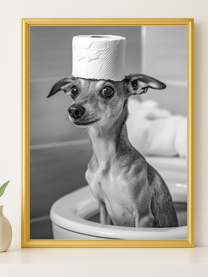 Funny Dog Bathroom Wall Art, Cute Pup with Toilet Paper Hat Print, Whimsical Pet Humor Decor, Digital Download