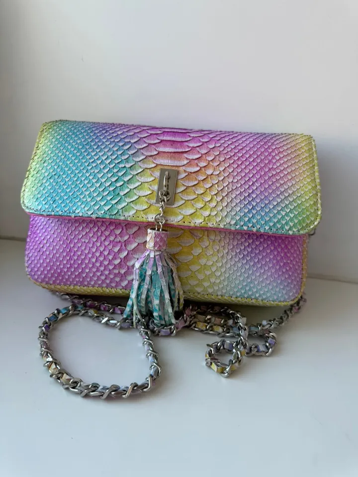Genuine python skin midi crossbody bag unicorn rainbow color, summer bright crossbody, elegant classy crossbody purse genuine leather