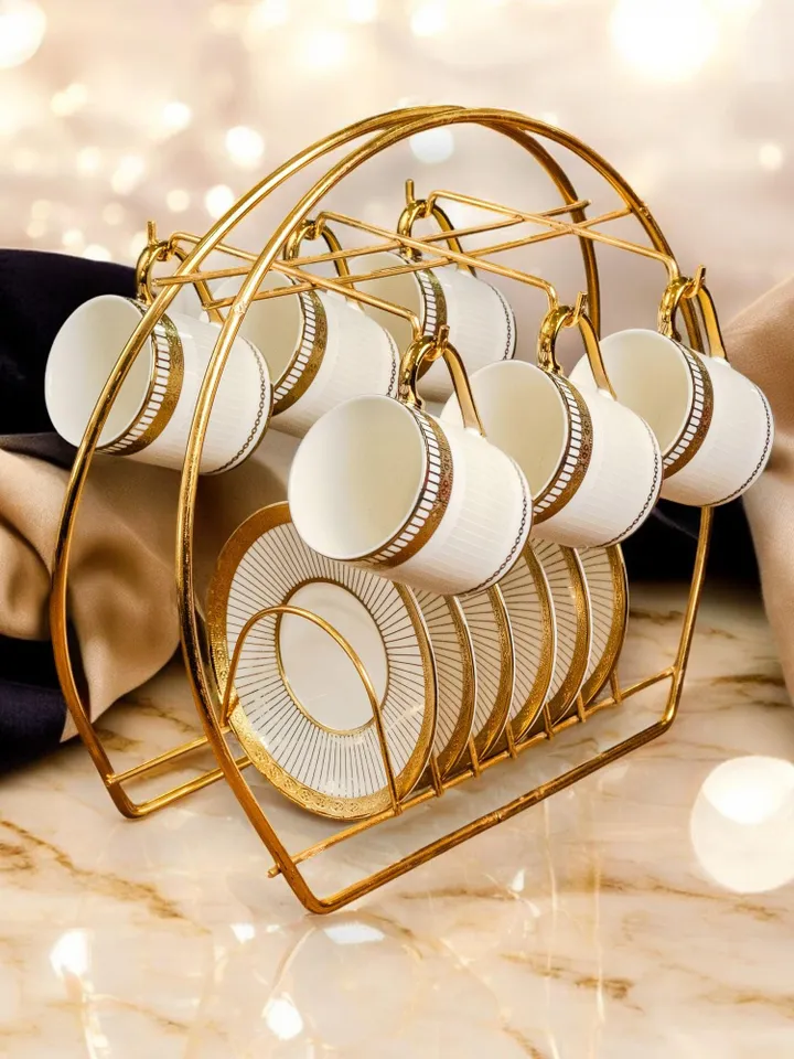 14K Genuine Gold Powder Porcelain Tea Cups And Saucers | Tea Cups Saucers Set | Gold Porcelain Set | Elegant Teaware | Gift For Tea Lovers