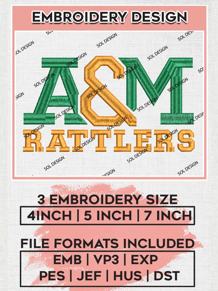 NCAA A&M Rattlers Team Logo Embroidery Design Files, NCAA Florida A&M Rattlers Machine Embroidery, NCAA Teams, 3 sizes, NCAA Machine embroidery designs, Digital Download