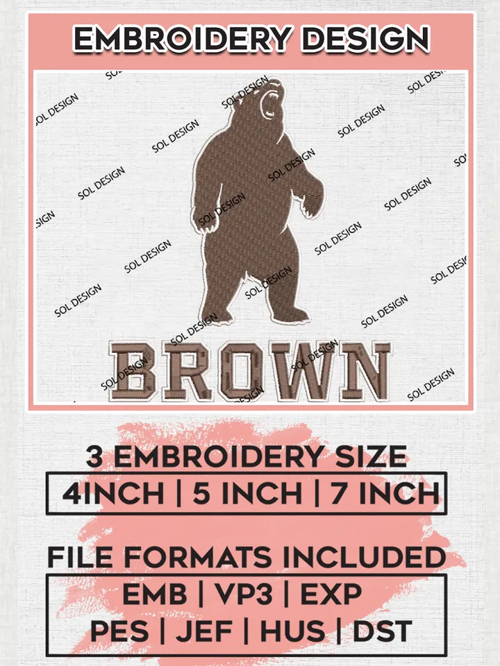 Brown College Football Team Mascot Logo Embroidery Design Files, NCAA Brown Bears Machine Embroidery, NCAA Teams, Game Day, 3 sizes, NCAA Machine embroidery designs, Digital Download