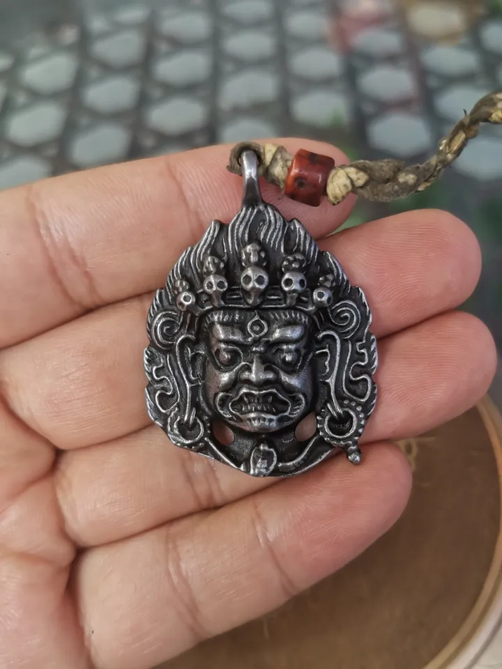 Gandhanra Antique Tibetan Amulet,Mahakala Pendant, Bhairava Mask,Buddhist Protector Deity, Made of Cold Iron