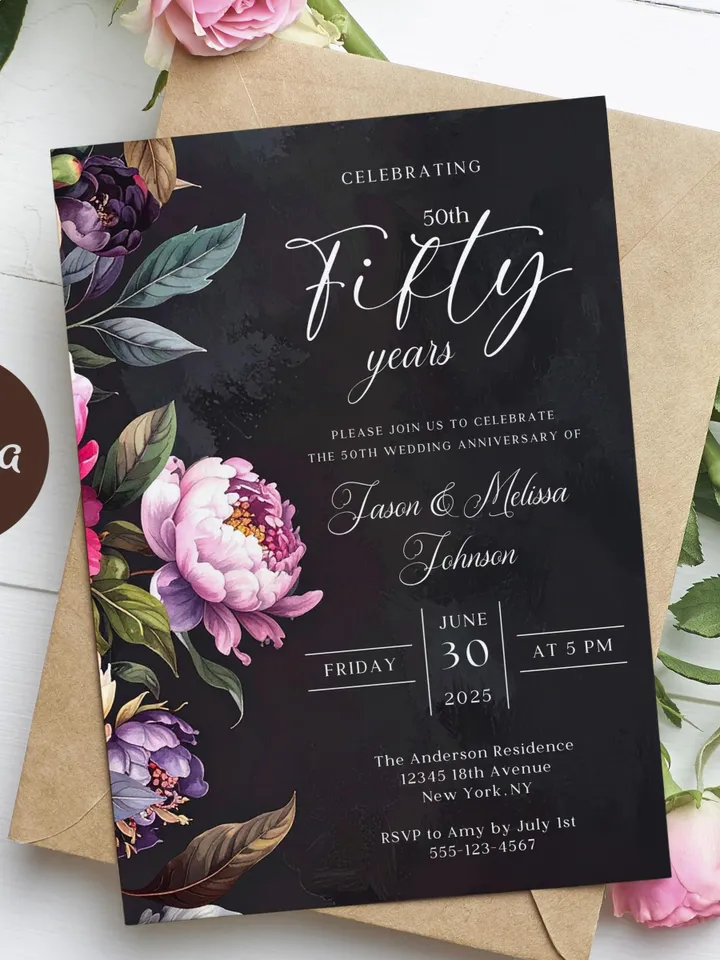 50th Anniversary Party Invitation, 40th, 30th, 20th, 10th, Moody Burgundy & Blush Peony Floral Canva Template 5x7 birthday evite