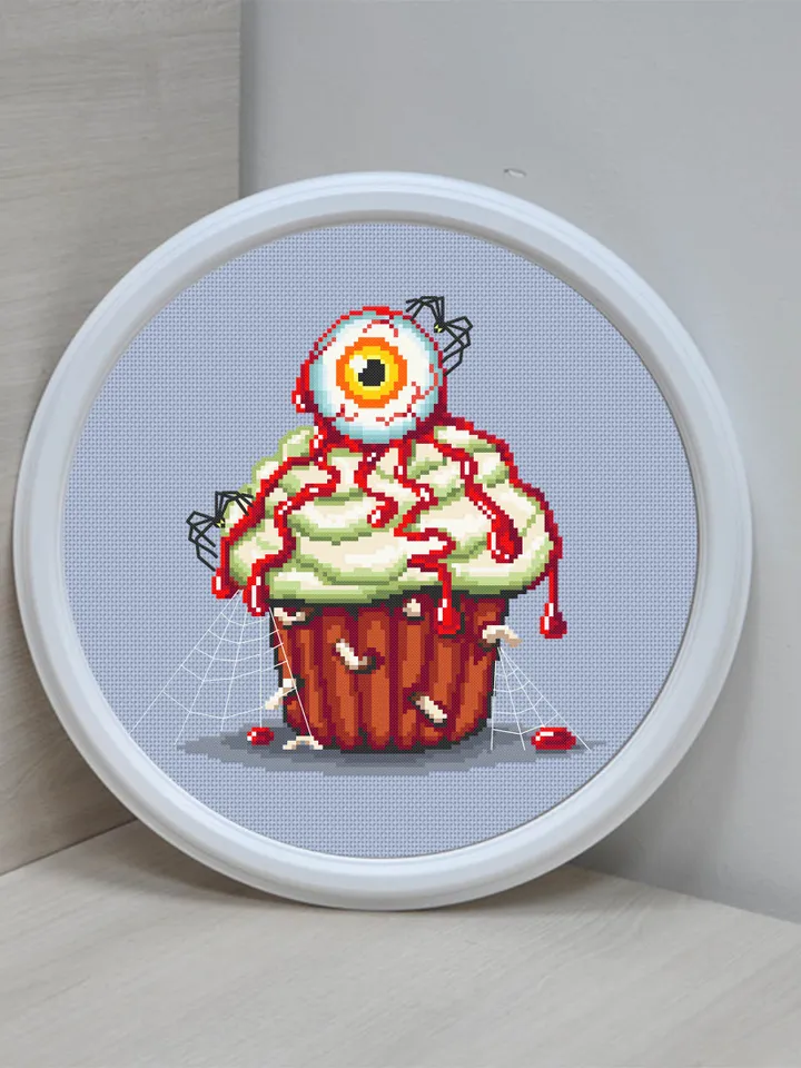 Halloween cupcake cross stitch pattern download PDF Spooky cross stitch Dessert Beginner stitch Cute Halloween embroidery Sweet food #H14