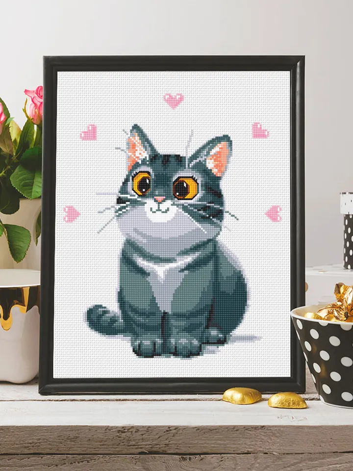 Cute gray cat cross stitch pattern download PDF Animal cross stitch chart, Cat hand embroidery PDF, Easy cross stitch Gift for cat lover #K3